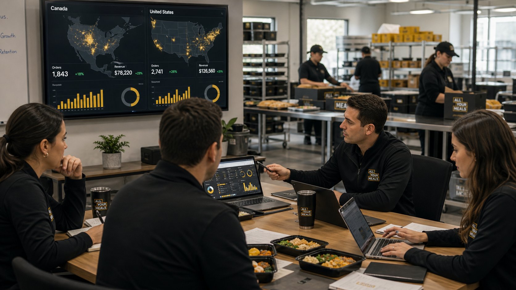 All Your Meals growth team reviewing Canadian and United States orders while meal fulfillment operates behind them