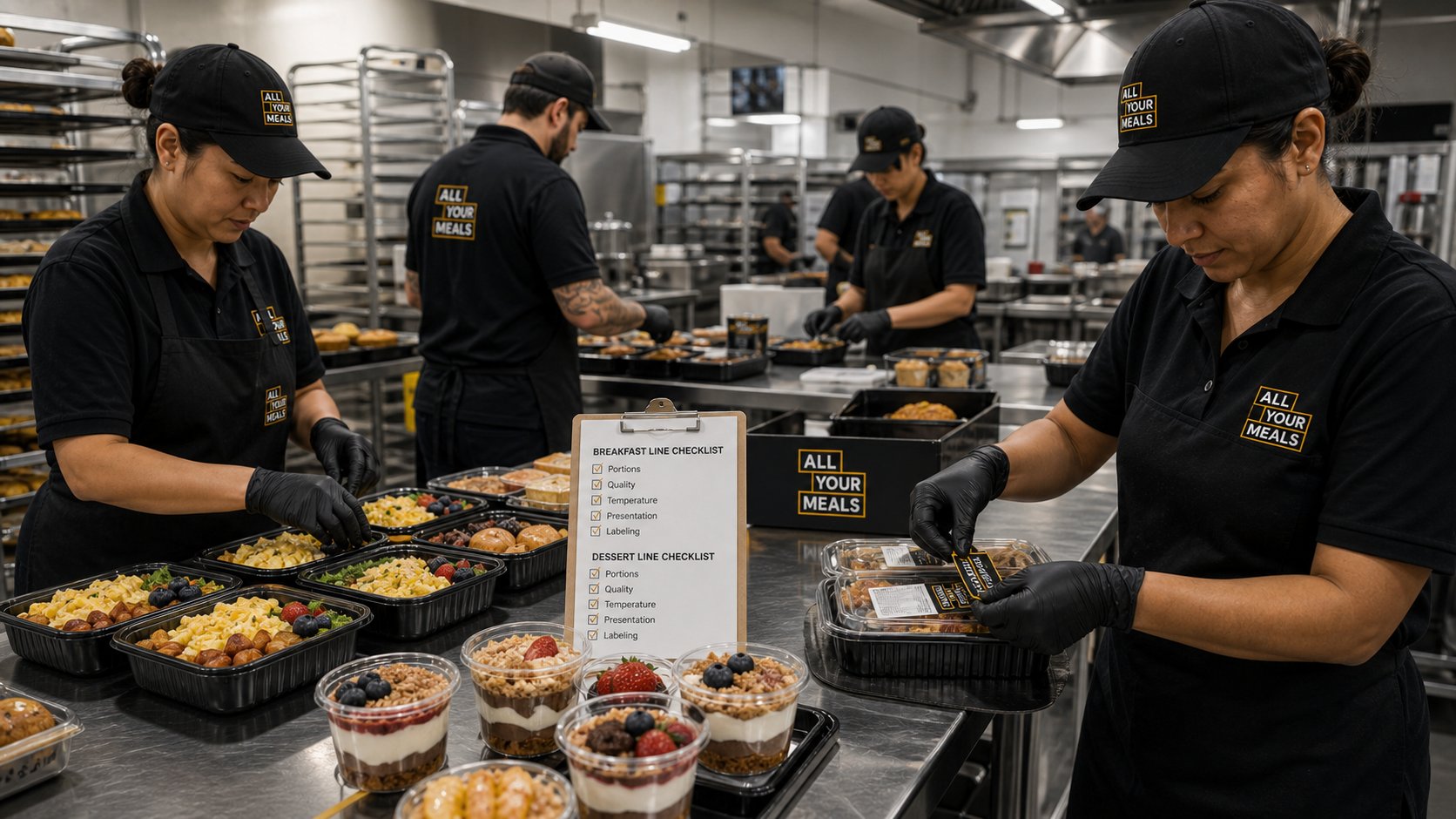 All Your Meals team reviewing website performance, newsletter engagement, production planning, and breakfast and dessert menu samples