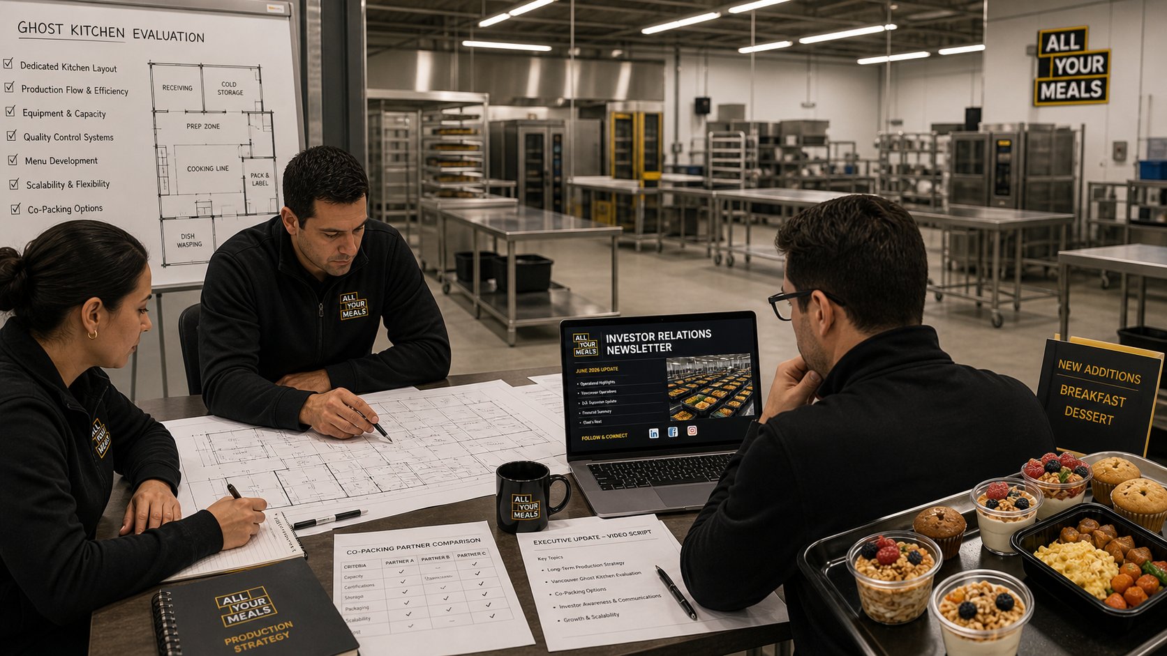 All Your Meals team evaluating ghost kitchen production plans, co-packing options, investor newsletter communications, and breakfast and dessert menu additions