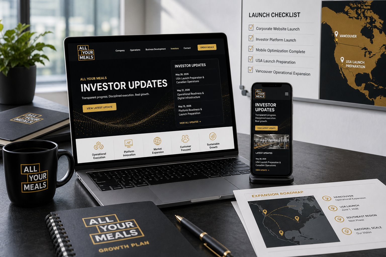 All Your Meals investor platform shown on desktop and mobile screens with launch planning materials